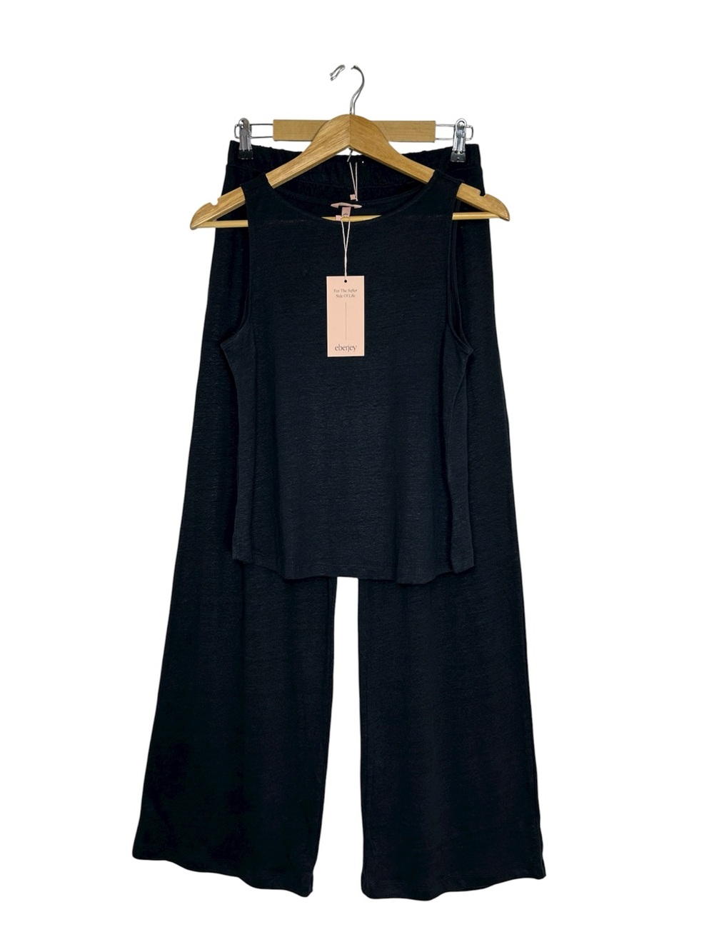 Eberjey Black Organic Linen Knit High Waisted Pant & Cropped tank Top Set S - Picture 2 of 16